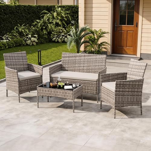 Image of GAOMON 4-Piece Patio Furniture Set, Modern PE Rattan Conversation Set with 2 Chairs, Loveseat & Tempered Glass Coffee Table, All-Weather Outdoor Seating for Garden, Porch, Balcony, Poolside