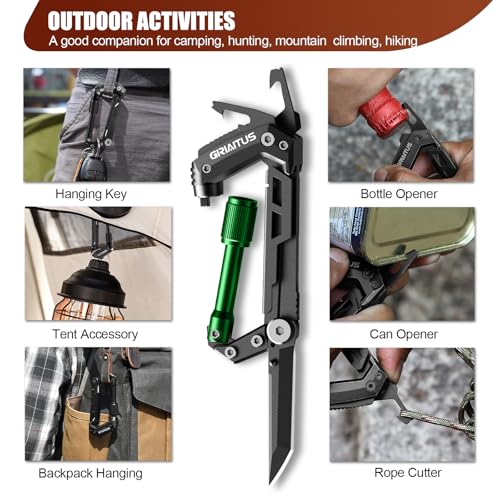 Image of Carabiner Multitool with Pocket Knives, EDC Carabiners, Serrated Knife, Rope Cutter, Screwdriver, Can Bottle Opener, Ruler, Folding Knife for Camping Hiking, Gifts for Men (Green)