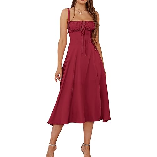 Floral Midi Corset Dress Wedding Guest Flowy Slit Lace Up Dresses for Women Tea Party A Line Casual Sundress