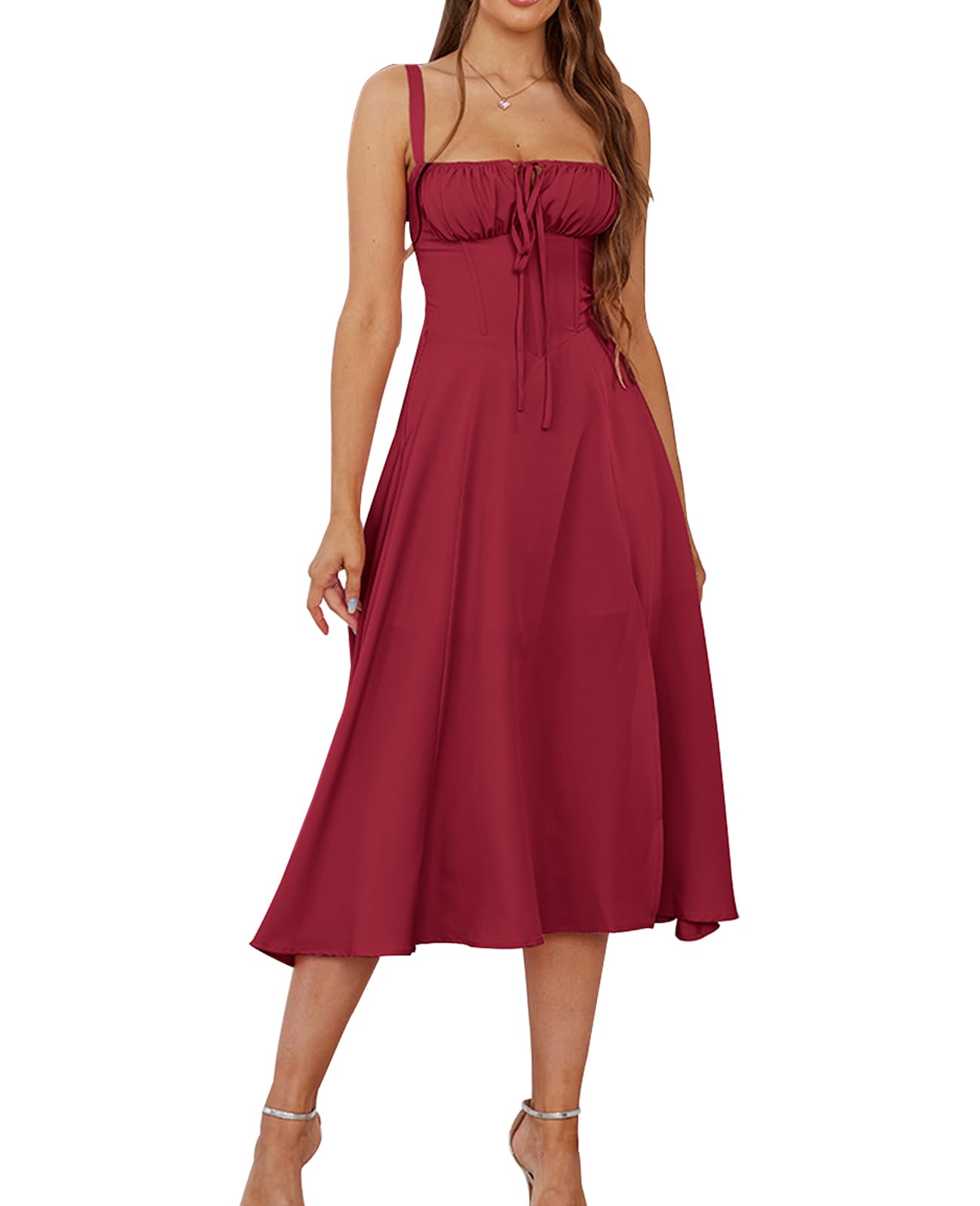 Floral Midi Corset Dress Wedding Guest Flowy Slit Lace Up Dresses for Women Tea Party A Line Casual