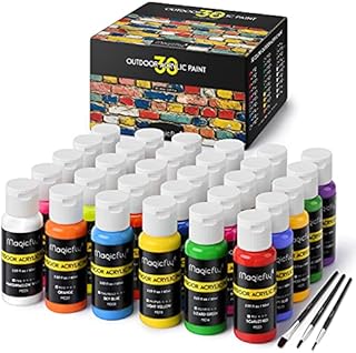 Magicfly Outdoor Acrylic Paint, Set of 30 Colors (60ml, 2oz.) Craft Paint with 3 Paint Brushes, Rich Pigments Multi-Surface Patio Paints for Christmas Decorations, Crafts, Rocks, Fabric, Leather, Paper & DIY Projects