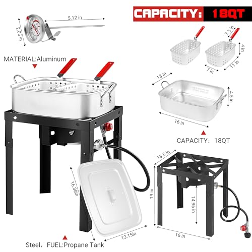 RYHOFOUD Propane Deep Fryer with 18Qt Square Deep Fryer Pot – High Grade Strainer Basket Aluminum Pot for Fish Fry, Seafood Pot – Propane Burners for Outdoor Cooking Include Lid -OT1808-2-LID