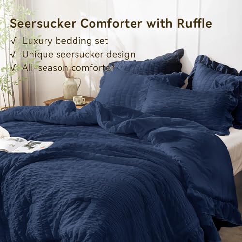 JOLLYVOGUE Navy Blue Comforter Full Size, 3 Pieces Seersucker Lightweight Full Size Bedding, All Season Fluffy Microfiber Bedding Comforter Set with 1 Ruffle Comforter and 2 Ruffle Pillowshams