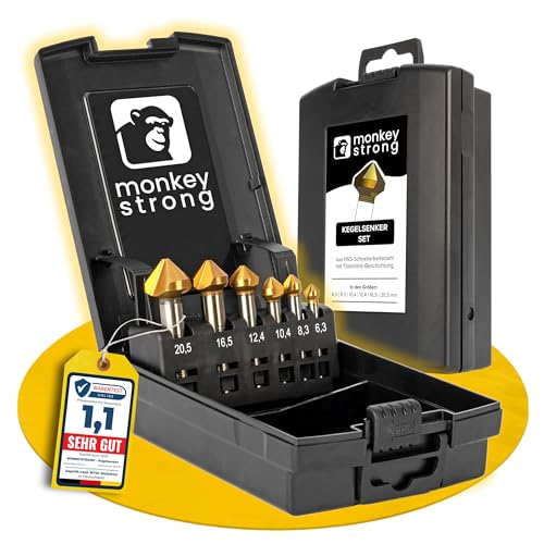 monkeystrong Kegelsenker Set - richtig scharf - 90° Ø 6,3-20,5 mm HSS TiN - Senker und Entgrater für Holz, Metall, Stahl, Kunststoff