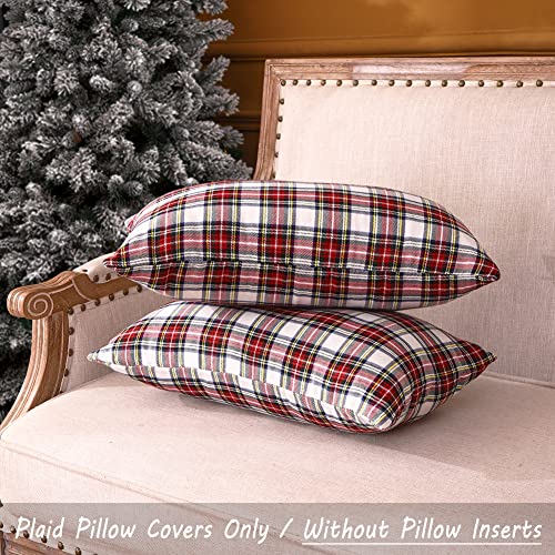 Carrie Home White Tartan Plaid Christmas Lumbar Pillow Covers 12X20 Set Of 2 White Scottish Christmas Lumbar Throw Pillows Traditional Christmas Decor For Living Room Couch Sofa #TOP2