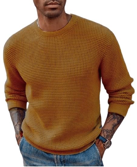 Image of ColorChakra Waffle Knit Mens Sweater Woolen Round Neck Wool Pullover