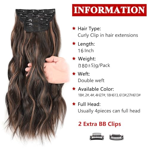 XTREND 16Inch Wavy Curly Clip in Hair Extensions, Golden and Brown, 4PCS Full Head Set, Synthetic Hair, 2H426#, 16 Inch (Pack of 4) - Image 2
