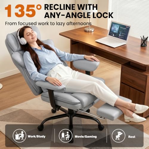 Image of Office Desk Chair, Big and Tall Gaming Chair with Foot Rest, Ergonomic High Back Computer Chair with Soft Adjustable Armrests, Lumbar Support Pillow, Executive Leather Chair (PU, Grey)