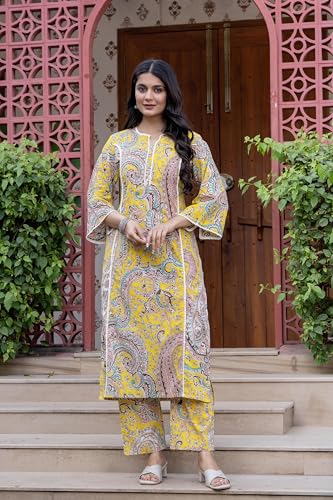Image of Pistaa's Women Pure Cotton Paisley Printed A-Line Kurta with Pants Set