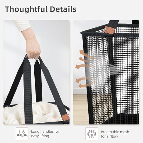 Image of STORAGE MANIAC Collapsible Laundry Basket, 16.9 Gal. Large Pop-up Laundry Hamper with Long Carry Handles, Space-Saving Foldable Clothes Hamper with Bottom Elastic Band, Travel Laundry Bags, Mesh Black