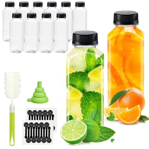 WenYa Reusable Plastic Juice Bottles, Leak-proof Bulk Beverage Bottles with Lids, Mini Fridge Bottles with Labels Funnel and Brush, Small Drink Containers for Juicing Smoothies - 17oz/500ml - 12 Pack