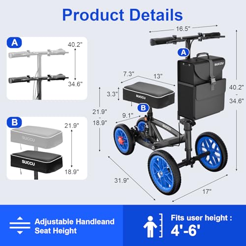 Image of All Terrain Knee Scooter for Adults, Crutch Alternative, 300LBS | For Adults for Foot Surgery, Knee Scooter for Broken Ankle Foot Injuries Recovery, Height Adjustable Handle & Knee Pad