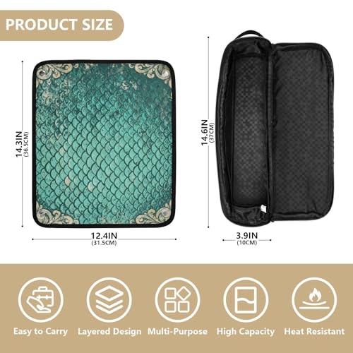 Bolsa de viaje para herramientas de cabello y tapete resistente al calor, organizador para planchas, rizadores, secador de pelo, accesorio de viaje con textura de escamas de pescado verde retro miniatura 4