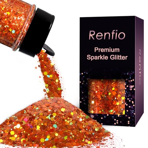 Renfio Holographic Glitter 1.76oz/50g Laser Light Copper Chunky Glitter for Snowglobe Tumbler Copper PET Flake Mixed Fine Powder for Snowglobe Tumbler Craft Epoxy Resin Festival Decor Nail Slime