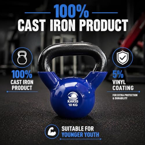 Image of KAKSS Half Coating Vinyl Kettlebell, 10kg Blue Cast Iron Kettle Bell with Non-Slip Grip Handle for Strength Training, Home Gym Workout Equipment for Men & Women (Proudly Made in India)