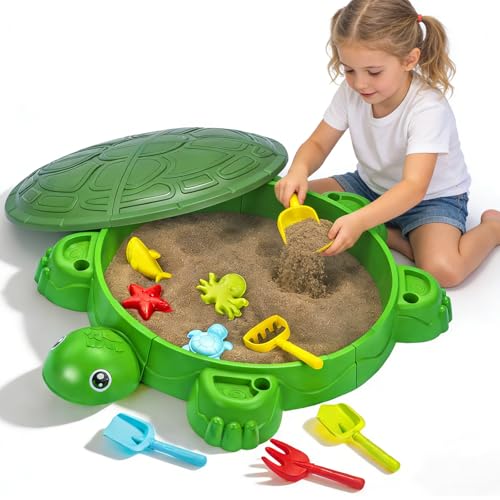 ZACEAC Turtle Sandbox with Lid & Beach Toys Set, 38' Kids Sandbox for Toddlers 3-8, Indoor Outdoor Sensory Play Sand Box with Cover, Summer Gift for Ages 3-8