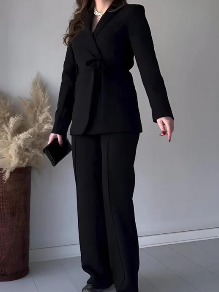 shownicer Tailleur Pantalone Donna Eleganti Completo Giacca Blazer e Pantaloni Lunghi con Cintura 2 Pezzi Set per Cerimonia Business Casual