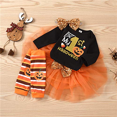 Baby Girls Halloween Outfits Costume My 1St Halloween Romper+ Tutu Skirt+ Striated Leg Warmer+ Bunny Headband 4Pcs Outfit Set (Black, 3-6 Months) #TOP1