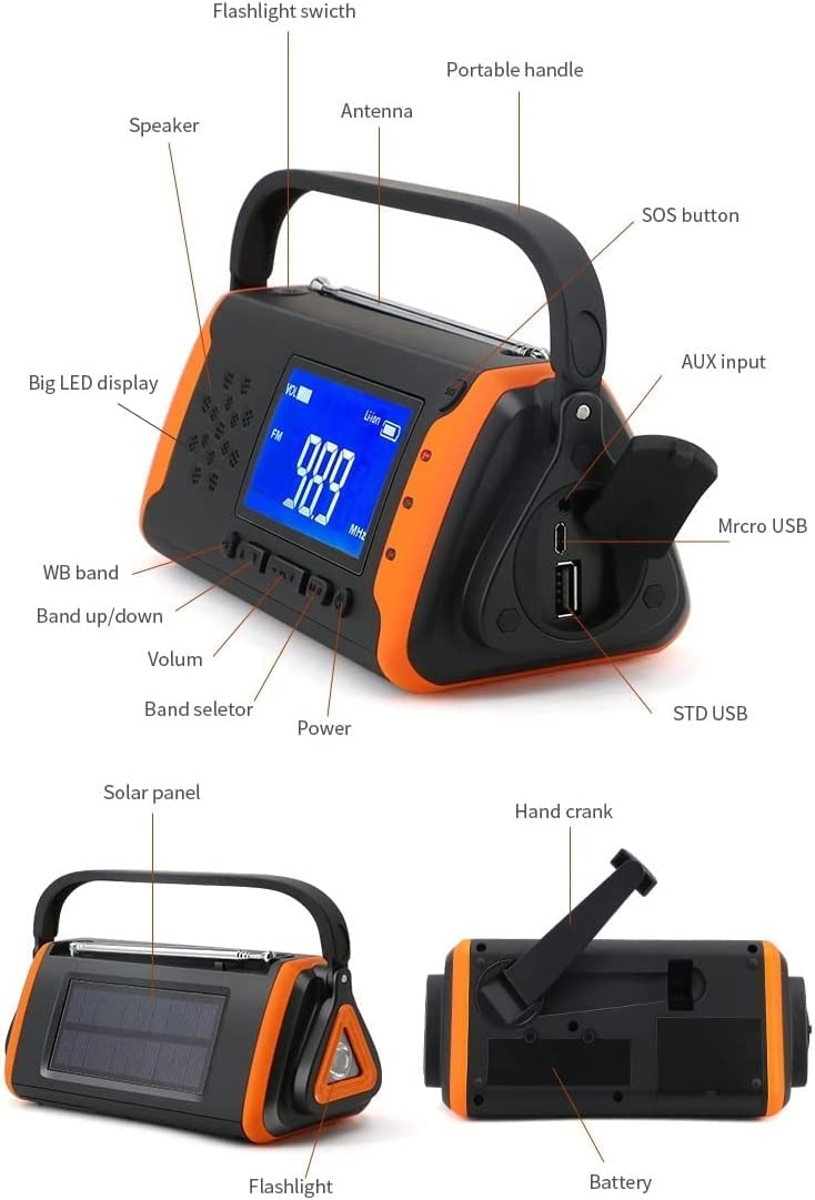 Radio d'urgence, Radio solaire portable multifonction Fm/Am Radio météo, avec écran LCD, charge USB, alimentation par batterie 4000 mAh, torche LED, utilisation d'urgence for la maison et l'ext