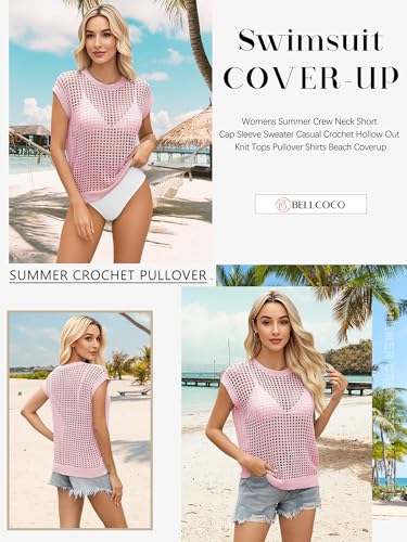 Image of Womens Summer Crochet Tops Hollow Out Cap Sleeve Cover Up Tank Top Pullover Sweater Vest Beach Vacation Clothes