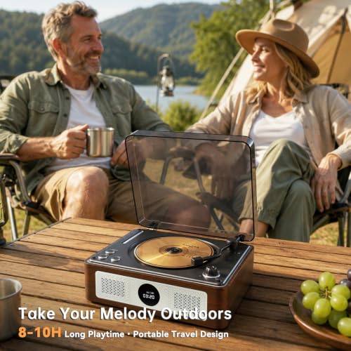 Image of Retro CD Player for Home, Portable Player with Bluetooth & Digital Output | Vintage protable cd player, wooden housing, dual HiFi Speakers .Bluetooth In /Out, 2600mAh rechargeable,remote & RGB lights