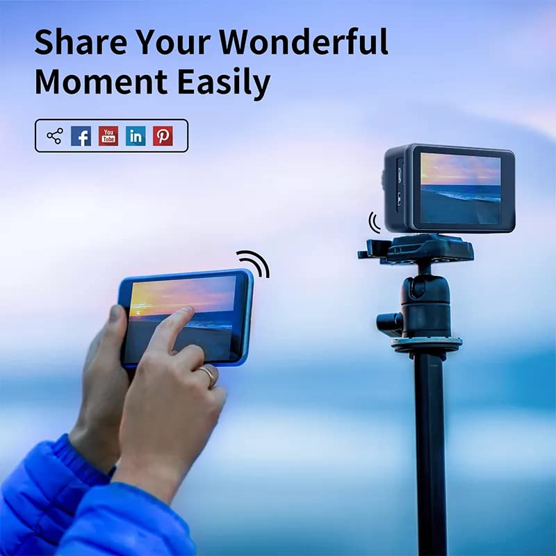 AUSEK 5K Action Camera connected to a smartphone via Wi-Fi