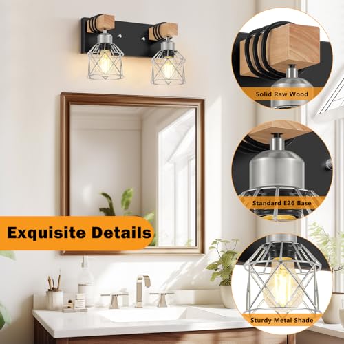 Image of FadimiKoo Farmhouse Bathroom Light Fixtures, Rustic 2-Light Wood Vanity Lights for Bathroom, Industrial Black Silver Wall Lighting with Metal Shade for Bedroom, Living Room, Hallway