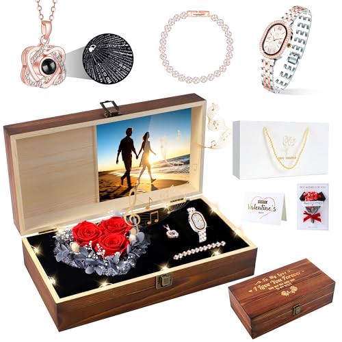 Pasuvsigt Preserved Real Rose with I Love You Necklace, Watch, Bracelet, LED Music &...