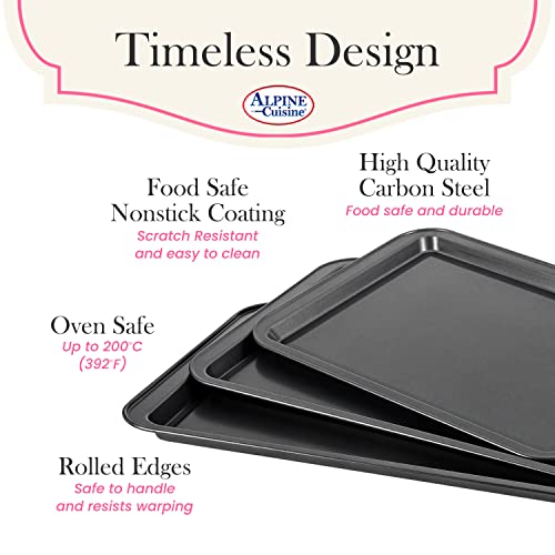 Alpine Cuisine Jelly Roll Cookie Sheet Set 3-Piece - Nonstick Carbon Steel Sheet - Grey Easy Release, Durable, Leak-Proof & Heavy Duty Baking Sheets - Easy To Clean Tray, Dishwasher Safe Cooking Sheet #TOP3