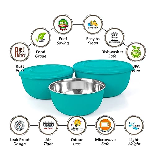 Image of Zaib Microsafe Stainless Steel Food Storage Container Set of 9 (Combo of 3 Sets) | Microwave Safe & Re-heatable Bowls with Lids | Red, Turquoise & Sand Brown | 500ml, 800ml, 1250ml