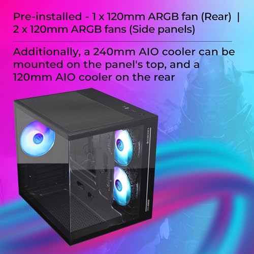 Image of ZEBRONICS Argo Cube Form Factor Gaming Cabinet with Micro ATX, ITX, 2X 120mm Side + 120mm Rear Fan (ARGB Inner Glow), Tempered Glass Front & Side Panel, Type C(Black)