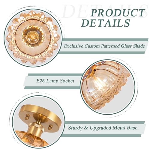 Image of Semi Flush Mount Ceiling Light, Vintage Ceiling Light 11 inch, Amber Shade Glass Hallway Light Fixture for Kitchen Porch Bedroom,Bulb Included