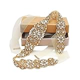 Otbushit Cinturón nupcial con diamantes de imitación a mano, cristal transparente con cinta de organza blanca para boda, dorado