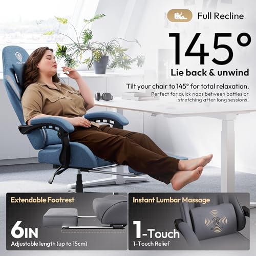 Image of Dowinx Gaming Chair Fabric Big and Tall with Pocket Spring Cushion, Massage Game Chair Cloth with Headrest, Ergonomic Computer Chair with Footrest 350LBS, Blue