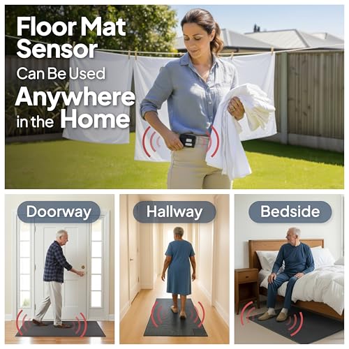 Image of Smart Caregiver Floor Mat Alarm and Pager System - Includes Wireless Pager that Alerts When Someone Steps on the Durable 24in x 48in Floor Mat Sensor