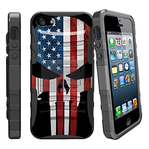 MINITURTLE Compatible with Apple iPhone SE, iPhone 5s, iPhone 5 Dual Layer Kickstand and Holster Black Case - American Flag Skull