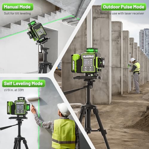 Image of Huepar W04CG 4D Laser Level with Receiver for Outdoor or Longer Distance Use, Up to 400 ft, 4x360 Self Leveling Green Lazer Leveler Tool for Construction, Tiling, Framing, Drop Ceiling, Floor etc.