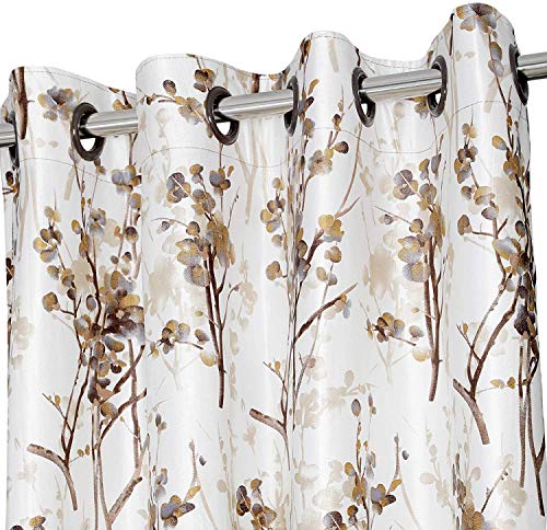 Image of 6 Feet Polyester Floral Light Filtering Window Curtains for Bedroom, Living Room & Hall, Eyelet Top, Coffee Print & Solid Plain Curtain Set of 3