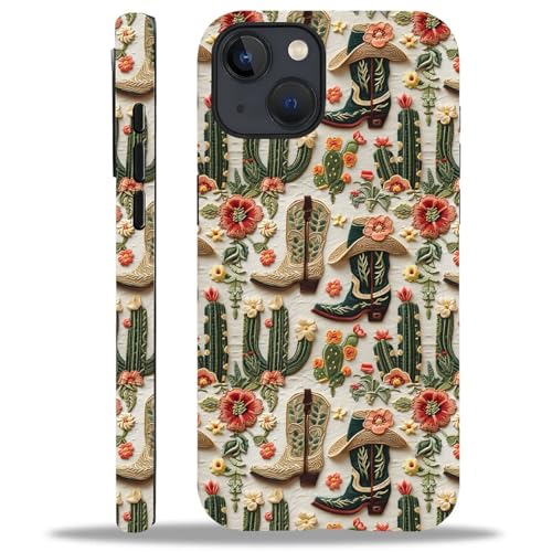 TAMEFOX Case for iPhone 15 Plus,Anti Drop Scratch Frosted Protective Cover Case for Women Girl-Western Cactus Cowgirl Boots Floral