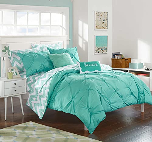 Chic Home 9 Piece Louisville Pinch Chevron Print Reversible Bed In A Bag Comforter Set Sheets, Full, Aqua #TOP11