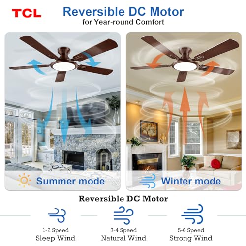 Image of TCL 52 inch Brown Low Profile Ceiling Fan with Light & Remote | 5-blade Flush Mount fan with quiet 6-speed reversible DC motor. Dimmable LED light. Ideal for bedroom, living room & garage