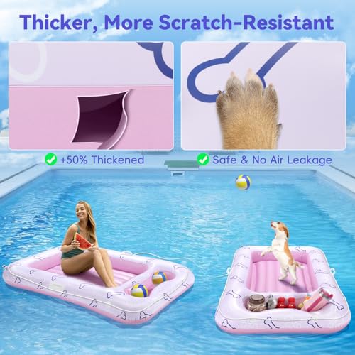 Pawaboo Hundepool-Schwimmring, Aufblasbare Pool-Schwimmringe für Mittelgroße und Große Hunde bis zu 220 lbs, Hundeschwimmflöße mit Doppelten Griffen und Snackbereich, Schwimmende Hundeliege, Rosa