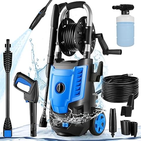 TEANDE Pressure Washer 2.5GPM 1800W High Electric Pressure Washer Power Washer Cleaner with All-in-one Spray Nozzle, Hose Reel, 20 Ft Hose & 35 Ft Wire for Cleaning Cars, Driveways, Patios, T5310-BL2 Cover