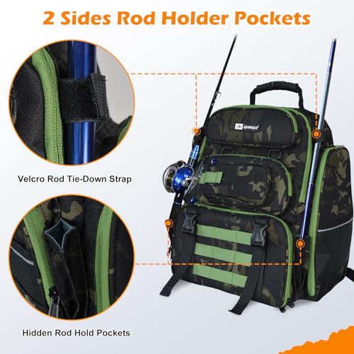 ayamaya 45L Fishing Backpack with 4 Tackle Boxes, Large Fishing Tackle Backpack with Rod Holders, Rubber Reet, Outdoor Multifunctional Fishing Bag Gear & Equipment for Fishing, Camping, Hiking