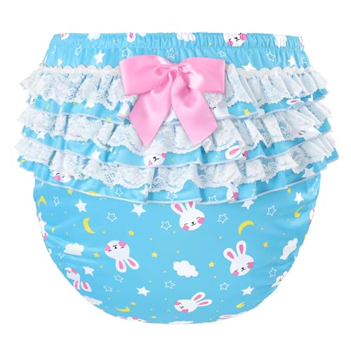 Image of LittleForBig Silky Washable Reusable Waterproof Ruffled Lace Bow Snuggle Bunny Pattern Ruffle Adult Diaper Cover M