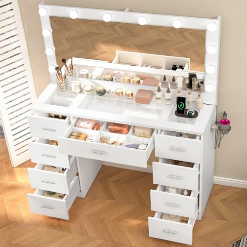 image for Quimoo Vanity Desk with Glass Top & Large Lights Mirror, 3 Adjustable 