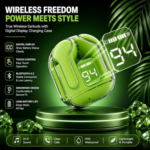 Image of NADITI Wireless Bluetooth Earbuds with Digital Display Charging Case | Touch Control TWS Earphones with HD Sound & Deep Bass | Noise Isolation Earbuds for Music, Calls, Gaming & Sports (Green)