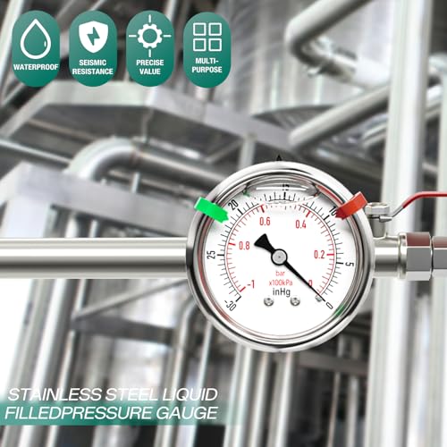 Image of -30inHG-0PSI Stainless Steel Glycerin Liquid Filled Vacuum Pressure Gauge 1 /4 inch NPT 2.5 inch Face Dial, Back Mount, for Water, Oil and Air Pressure Testing (with Range Mark Pointer)