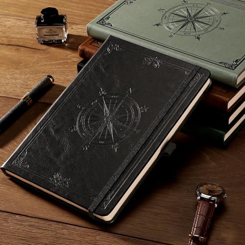 Image of AHGXG Graph Grid Paper Notebook, 192 Pages, A5 Medium Size (5.7'' x 8.3'') | 5 Squares per Inch, Leather Hardcover, 100 GSM Thick Paper, for School, Students, Math, Engineering (Black)