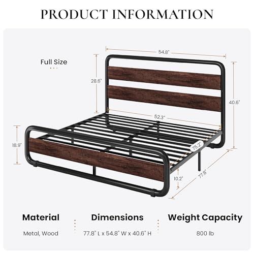 Image of SHA CERLIN Full Size Metal Bed Frame with Wooden Headboard, Mahogany